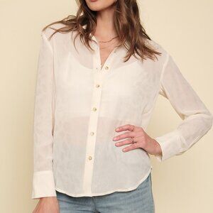 Mystree Ivory Sheer Leopard Jacquard Button Down Shirt Romantic Minimalist